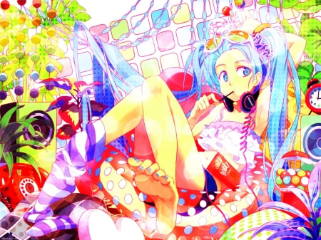 A Day To Kick Back - hatsune miku, telephone, long hair, colorful, barefoot, sunglasses, speakers, ponytails, blue hair, vocaloid, headphones, clock, anime