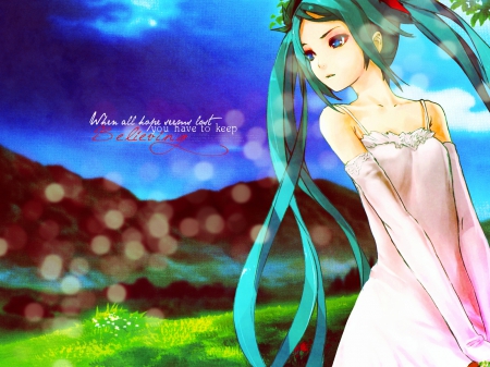 ~Believe~ - hatsune miku, blue eyes, long hair, gloves, ponytails, blue hair, vocaloid, anime, dress