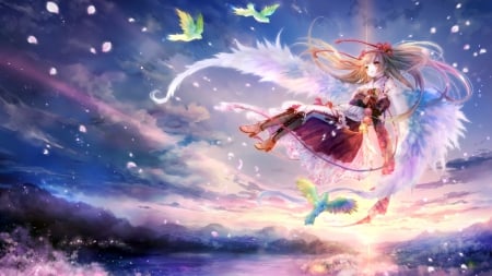 ~Soaring With The Birds~ - flying, cherry blossoms, beautiful, flowers, brown hair, anime, girl, dress, wings, long hair, brown eyes, birds