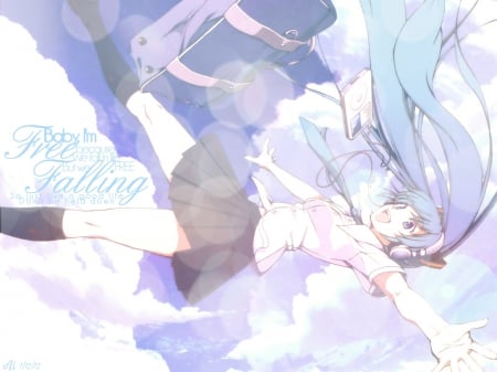 ~Falling~ - hatsune miku, sky, falling, bag, ipod, ponytails, blue hair, vocaloid, headphones, clouds, anime, uniform