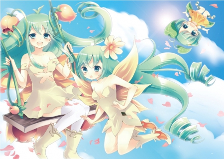 Fairy - nice, sky, female, hot, wings, anime girl, pretty, cloud, petals, anime, swing, cute, sexy, girl, long hair, gown, lovely, floral, wing, sweet, fairy, green hair, dress, float, flower