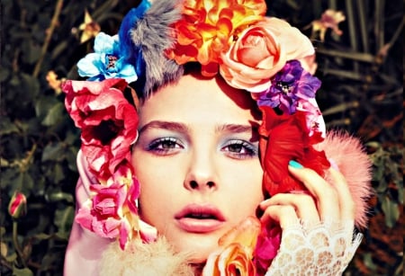 Chloe Moretz - hat, blue, girl, beauty, Chloe Moretz, flower, pink, orange, actress, white, rainbow, red, woman, model, rose, young