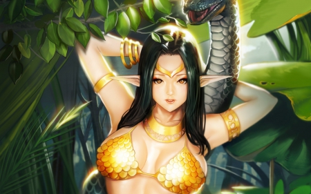 Elf princess - woman, princess, elf, girl, yellow, snake, green, fantasy