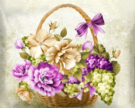 Flower basket - grapes, basket, blooms, fowers, art