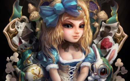 Alice - rabbit, wonderland, heart, blue, girl, blonde, fantasy, white, red, cute, alice, bow