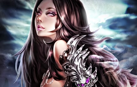 Fantasy girl - fantasy, amethyst eyes, warrior, blue, woman, girl, pink, skull