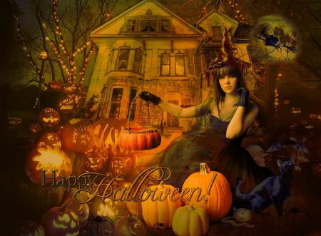 Happy Halloween - house, pumpkins, beautiful, splendor, girl, beauty, night, magical, happy, cat, fall, black, colorful, halloween, october, peaceful