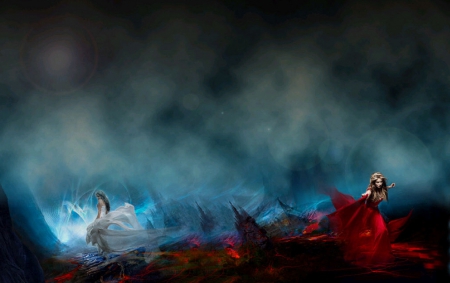 Sarah - red, sarah brightman, wallpaper, digital, beautiful, girl, blue, art, fantasy, nice, people, lovely, woman