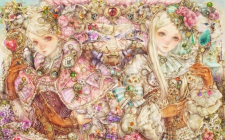 Twins - wallpaper, cute, beautiful, anime, girl, twins, art, fantasy, lovely, woman, colorful