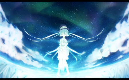 ghost - anime, female, snow, night, green eyes, stars, white hair, aurora borealis, friends, sky, clouds, light spirits, ghost, beautiful, beauty, girls, ice, lights