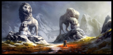 Lions - male, lions, landscape, light, men, mountains, fantasy, snow, anime, statues, birds