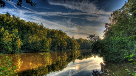 calm riverscape hdr - calm, reflection, forest, river, clouds, hdr