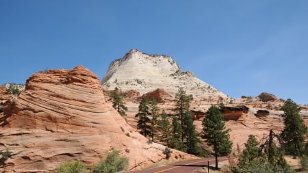 road entering zion national park in utah - canyoun, rocks, road, desert, mountain