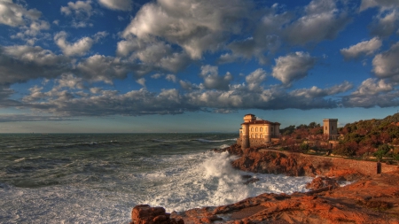 gorgeous boccale castle in livorno italy - rocks, clouds, coast, castle, sea, waves