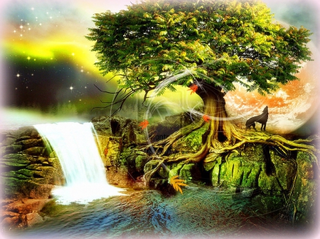 âœ«Aurora in the Autumnâœ« - photomanipulation, autumn, trees, animals, waterfalls, aurora, plants, creative pre-made, wolf, love four seasons, digital art, backgrounds, leaves, howling, fall season, surreal