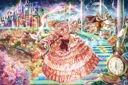 Cinderella - stairs, princess, beauty, sky, magic, heel, pretty, multicolor, castle, anime, clock, prince, cute, garden, love, girl, night, lovely, horse, pink, beautiful, sweet, flowers, dress