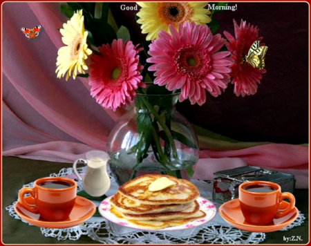 Cood Morning - butterfly, flowers, still life, coffee