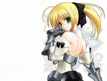 Saber Lily - pretty, saber, anime, female, warrior, blonde, blond hair, green eyes, long hair, armor, saber lily, blond, plain, nice, anime girl, hot, girl, simple, blonde hair, lovely, sweet, knight, white, cute, sexy, fate stay night