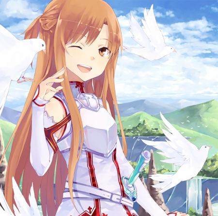 Yuuki Asuna - pretty, bird, anime, kawaii, female, warrior, long hair, mountain, armor, yuuki, sword art online, sao, nice, sky, hill, anime girl, asuna, hot, girl, yuuki asuna, lovely, brown hair, sweet, knight, asuna yuuki, cloud, cute, sexy