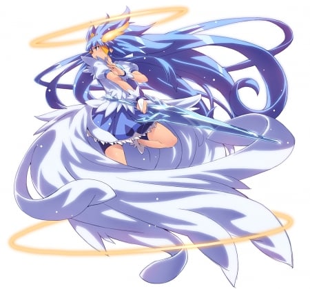 Cure Beauty - anime, female, warrior, blue, dress, mad, long hair, emotional, blue hair, plain, weapon, gown, anime girl, serious, hot, girl, sword, simple, pretty cure, blade, angry, white, precure, sinister, magical girl, cute, sexy