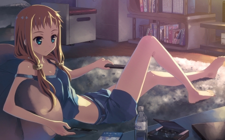 Lazy Bone - hot, female, room, anime girl, book, floor, brown hair, home, anime, house, cute, short, sexy, girl, shirt, long hair, shelf