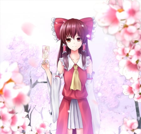 Hakurei Reimu - pretty, anime, hakurei, kawaii, female, blossom, dress, shrine maiden, long hair, touhou, ribbon, reimu, nice, hakurei reimu, anime girl, hot, girl, lovely, brown hair, sweet, flower, petals, cute, floral, sexy