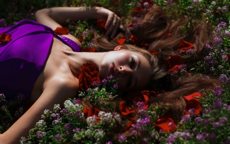 Beautiful model - flowers, lying, woman, model