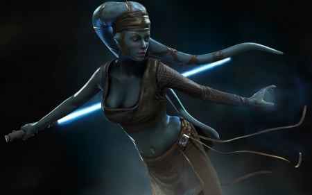 Aayla - woman, star wars, girl, fighter, fantasy, black, game, aayla, orange, sword, golden