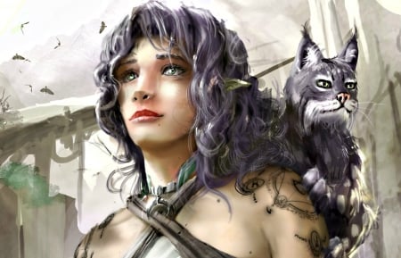 Elf and wild cat - woman, elf, cat, girl, fantasy, white, purple, art, wild, animal