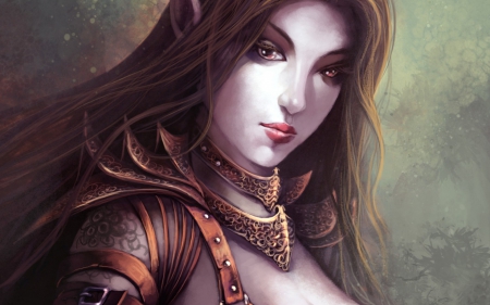 Fantasy girl - woman, elf, girl, fantasy, armor, face, art, purple, portrait, pink, orange