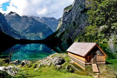 Lake Obersee - calm, quiet, cabin, tranquil, grass, reflection, crystal, mountain, cliffs, lake, nice, emerald, cottage, sky, water, beautiful, lovely, peaks, nature, clear, serenity, Obersee, bridge, rocks