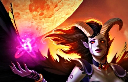 Fantasy girl - sorceress, yellow, girl, light, pink, orange, horns, fantasy, redhead, woman