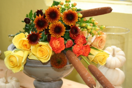 AUTUMN DECOR - white, centerpiece, autumn, yellow, roses, pumpin