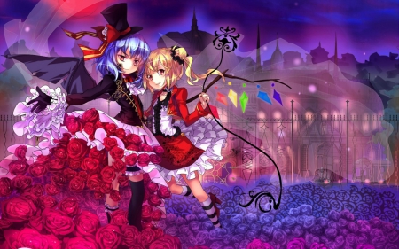 Big'Sis and Lil'Sis - roses, a fence, anime, magic, touhou project, flandre scarlet, dress, blond hair, night, long hair, flowers, short hair, touhou, a cylinder, blue hair, anime girls, art, moon, demoness, crystals, city, a fance, girls, vampire, lights, sisters, wings, remilia scarlet