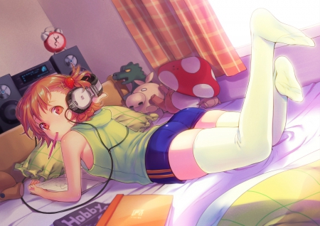 TIME TO LEARN - anime, anime girl, female, beautiful, girl, room, books, beauty, orange eyes, short hair, headphones, cute, orange hair, sexy