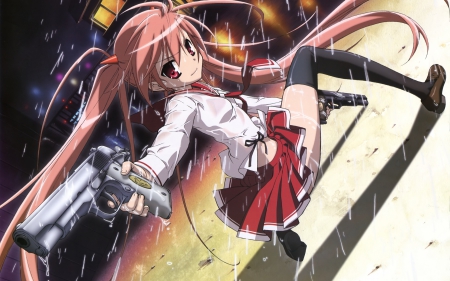 Aria - beauty, gun, aira, anime girl, anime, pink eyes, sexy, hidan no aria, girl, rain, long hair, pink hair, school uniform, beautiful, city, schoolgirl, lights