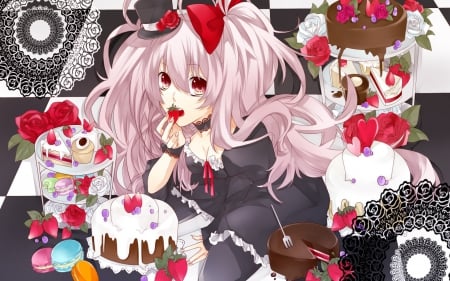 i tadaki mas - roses, anime, female, sweetly, dress, red roses, sweets, long hair, flowers, pink eyes, shining eyes, ribbon, pink hair, cake, strawberries, girl, chocolate, white roses, cool, cylinder  hat, berries