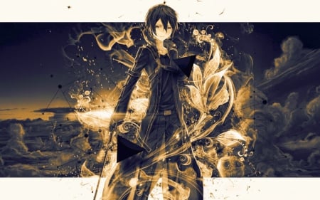 Kirigaya Kazuto - clouds, warrior, Kirigaya Kazuto, sword, male, black hair, weapon, anime boy, sky