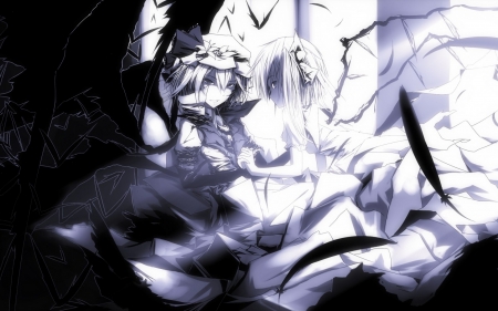 Two sisters - girls, remilia scarlet, demons, wings, vampire, art, monochrome, tan, anime, bonnet, sisters, touhou project, flandre scarlet, feathers, black and white, beautiful, crystals