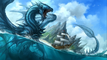 Sea Dragon attacking a ship - Mountains, Wings, Clouds, Ship, Spikes, Fangs, Sea Dragon, Claws, Sea