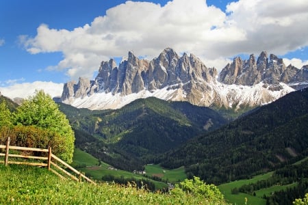 DOLOMITES, ITALY - village, clouds, green, landscape, grass, forest, valley