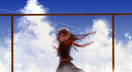 ~Tateyama Ayano~ - clouds, kagerou project, brown eyes, anime, vocaloid, skirt, tateyama ayano, blush, scarf, black hair, sky