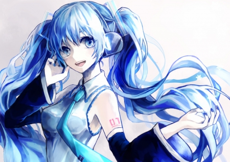 Hatsune Miku - tie, anime, vocaloid, hatsune miku, long hair, headphones, blue hair, ponytails, blue eyes