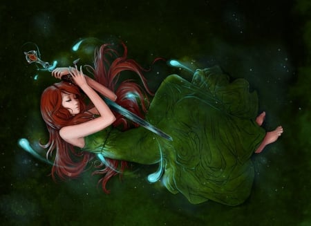 Green Sword - anime, elegant, female, maiden, dress, lying, gloomy, long hair, emotional, gloom, sad, gorgeous, sorrow, gown, anime girl, laying, beautiful, hot, girl, sword, beauty, brown hair, blade, lady, sexy, lay