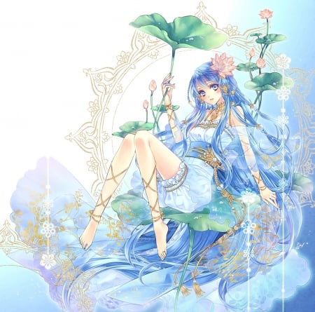 Lotus Maiden - pretty, anime, elegant, divine, female, blossom, maiden, dress, long hair, sublime, gorgeous, blue hair, hd, nice, lotus, gown, anime girl, beautiful, hot, girl, beauty, lovely, sweet, flower, lady, angelic, cute, lily pad, sexy