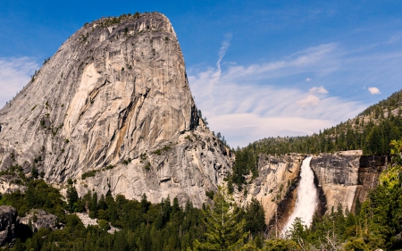 Liberty Cap and Nevada Falls - nature, mountains, forest, waterfall