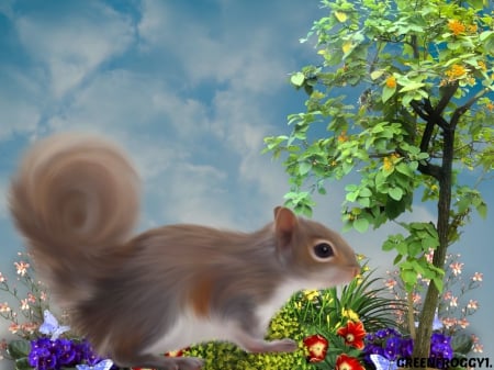 SQUIRREL - LITTLE, SQUIRREL, TREE, FLOWERS