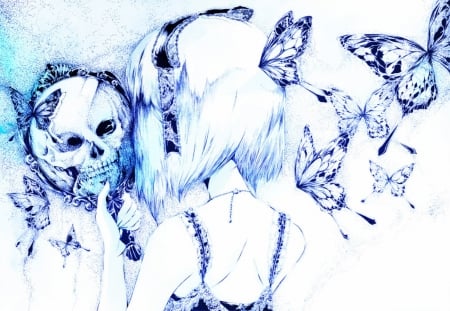 Mirrow - pretty, anime, blue, butterflies, beautiful, girl, beauty, sweet, reflex, skull, short hair, mirrow, white, cute, art