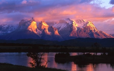 Purple Mountains - rock, lake, forest, nature