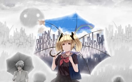 my life my colors - anime, magic, twintail, blond hair, boy, umbrella, rainbow, rain, sky, clouds, yellow eyes, anime girl, city, colors, cool, school uniform, fantasy, grey, schoolgirl